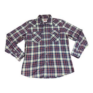 VTG Wrangler Western Shirt Mens LARGE Red Blue Plaid Long Sleeve Metal Buttons